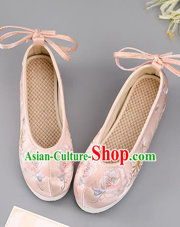 China Handmade Pink Cloth Shoes Embroidered Peony Shoes Princess Shoes Ming Dynasty Shoes Traditional Hanfu Shoes