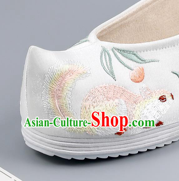 China Embroidered Squirrel Shoes Traditional Hanfu Shoes Handmade Cloth Shoes Ancient Princess White Shoes