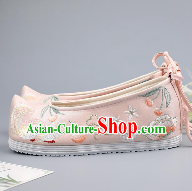 China Ancient Princess Pink Bow Shoes Traditional Hanfu Shoes Embroidered Squirrel Shoes Handmade Cloth Shoes