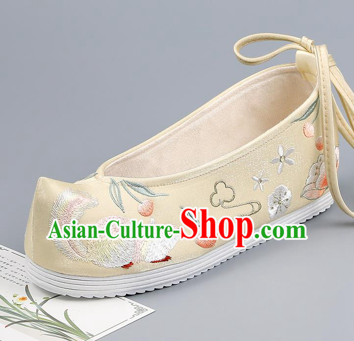 China Yellow Bow Shoes Traditional Hanfu Shoes Handmade Cloth Shoes Ancient Princess Embroidered Squirrel Shoes