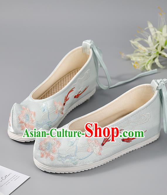 China Women Shoes Traditional Embroidered Lotus Fishes Shoes Hanfu Shoes Handmade Light Blue Cloth Shoes