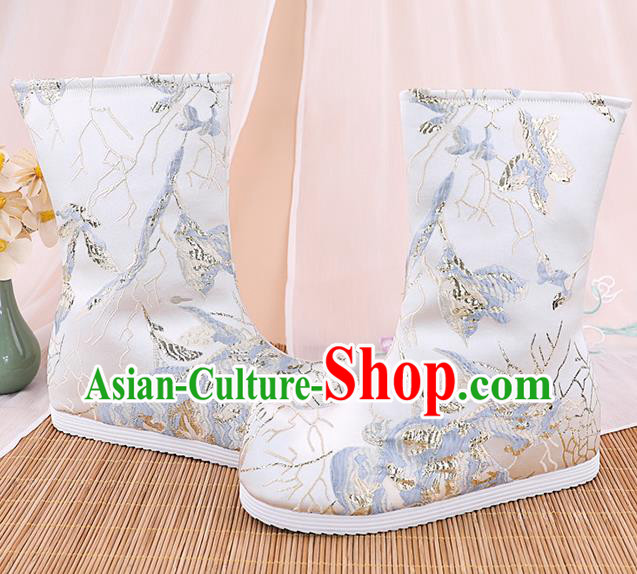 Chinese Ancient Ming Dynasty Hanfu Shoes Handmade Boots National White Brocade Boots