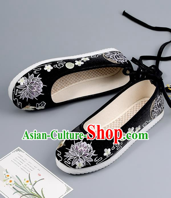 China Traditional Hanfu Shoes Black Cloth Shoes Princess Shoes Embroidered Lotus Shoes