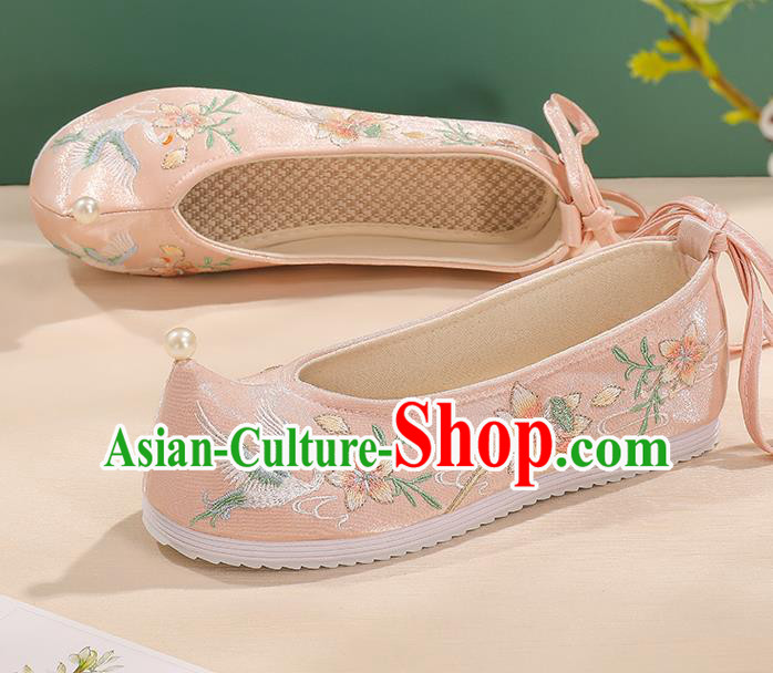 China Embroidered Flower Crane Shoes Pink Bow Shoes Handmade Princess Shoes Traditional Hanfu Cloth Shoes