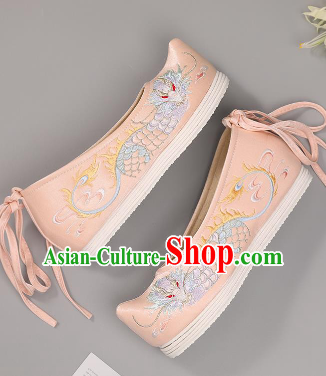 China Handmade Hanfu Shoes National Shoes Traditional Pink Cloth Shoes Classical Dragon Pattern Embroidered Shoes
