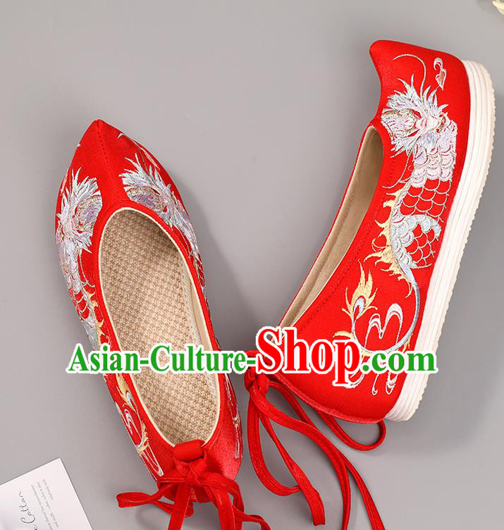China Red Embroidered Shoes Handmade National Shoes Traditional Cloth Shoes Classical Dragon Pattern Hanfu Shoes