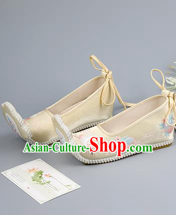 China Traditional Hanfu Shoes Ancient Princess Shoes Ming Dynasty Shoes Light Yellow Embroidered Shoes