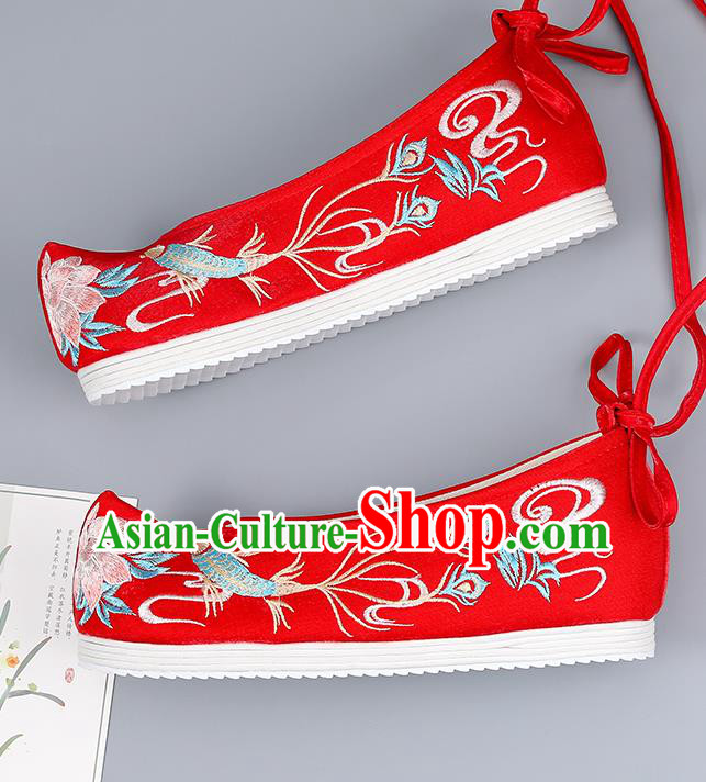 Traditional China Bride Shoes Handmade Hanfu Shoes Red Cloth Shoes National Shoes Embroidered Shoes Wedding Shoes
