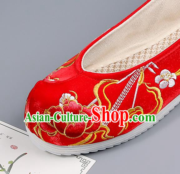 Traditional China Wedding Shoes Handmade Shoes National Shoes Red Cloth Shoes Embroidered Peony Shoes Bride Shoes