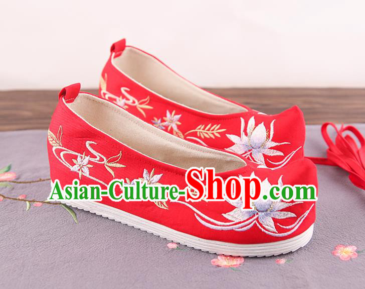 Traditional China Handmade Shoes National Shoes Red Cloth Shoes Embroidered Lotus Shoes Bride Shoes Wedding Shoes