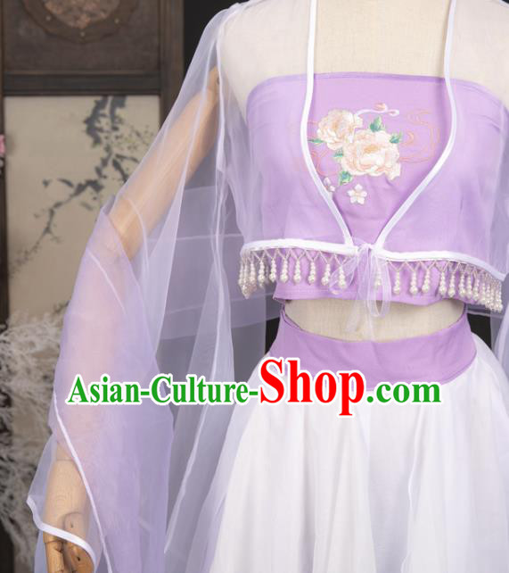 Ancient Dunhuang Apsaras Top and Skirt Chinese Cosplay Fairy Purple Hanfu Dress Complete Set