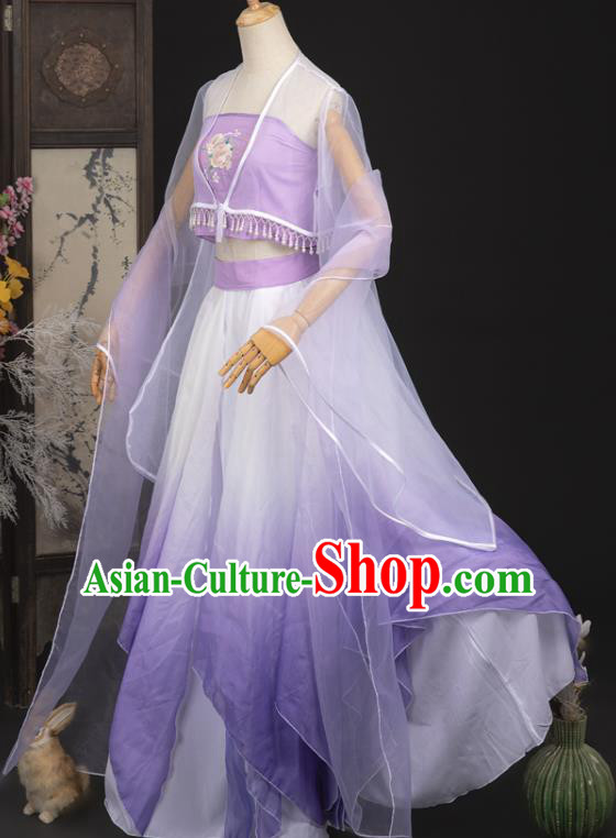 Ancient Dunhuang Apsaras Top and Skirt Chinese Cosplay Fairy Purple Hanfu Dress Complete Set
