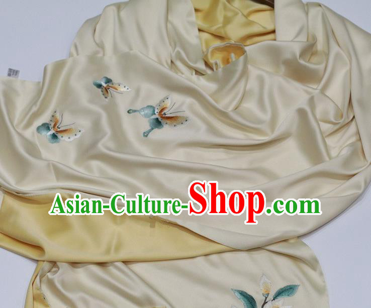 China Traditional Beige Silk Scarf Embroidered Tippet Embroidery Magnolia Craft Cappa