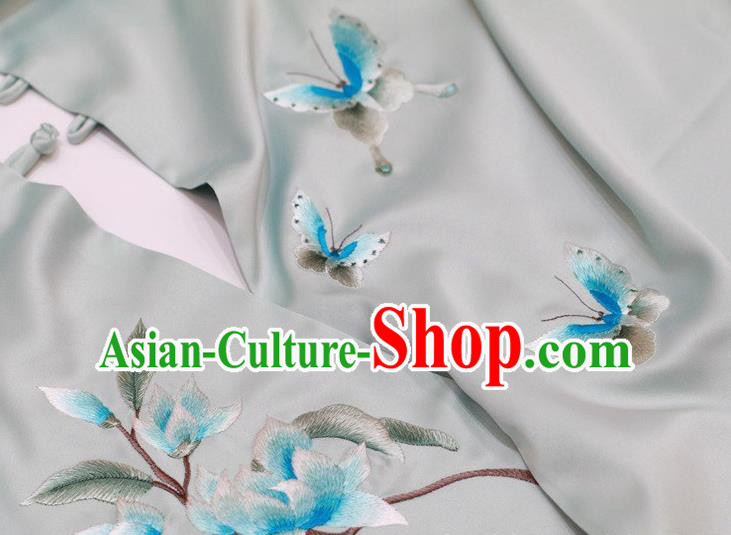 China Traditional Embroidered Tippet Embroidery Magnolia Craft Mother Cappa Light Blue Silk Scarf