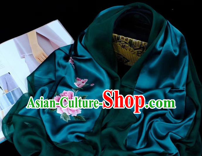 Traditional China Mother Cappa Deep Green Silk Scarf Embroidered Tippet Suzhou Embroidery Peony Craft