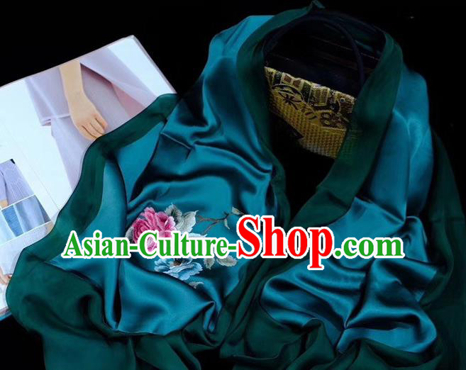 Traditional China Mother Cappa Deep Green Silk Scarf Embroidered Tippet Suzhou Embroidery Peony Craft