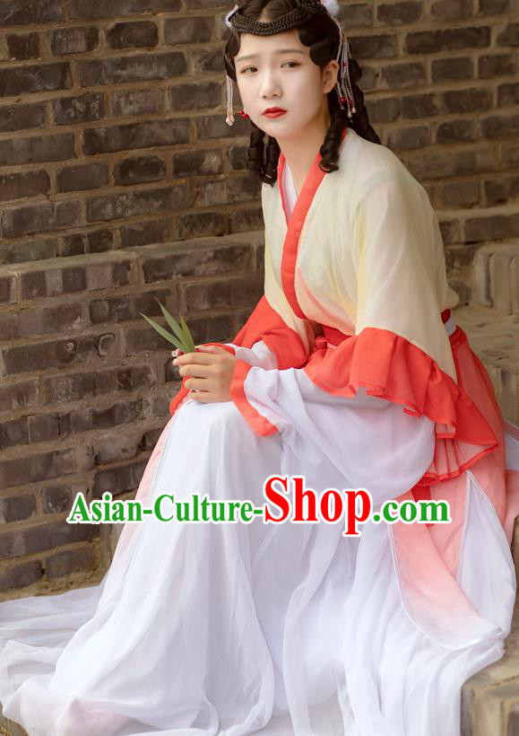 Chinese Jin Dynasty Young Lady Costumes Ancient Village Girl Hanfu Dress Apparels