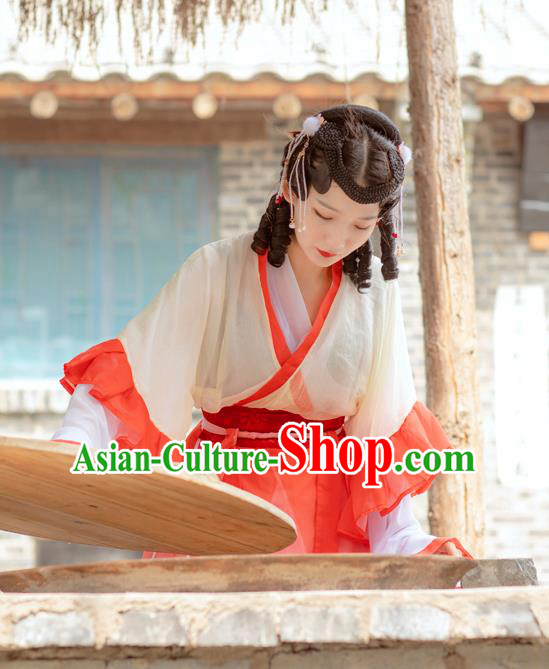 Chinese Jin Dynasty Young Lady Costumes Ancient Village Girl Hanfu Dress Apparels
