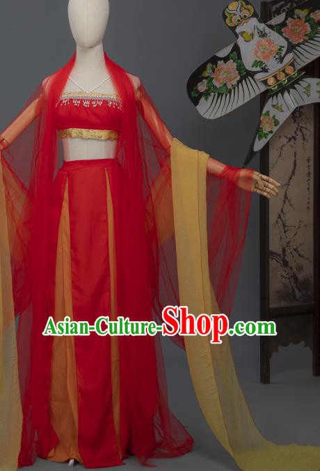 Chinese Tang Dynasty Court Dance Costumes Ancient Flying Fairy Red Hanfu Dress Apparels