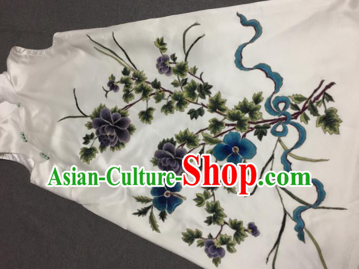 China Women National Clothing Embroidered White Silk Qipao Dress Vest Cheongsam