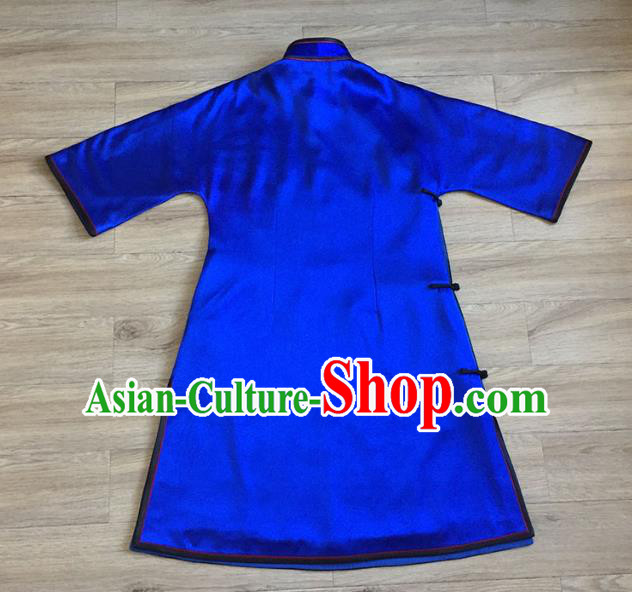 China Embroidered Lion Royalblue Silk Qipao Dress Women National Clothing Tang Suit Cheongsam