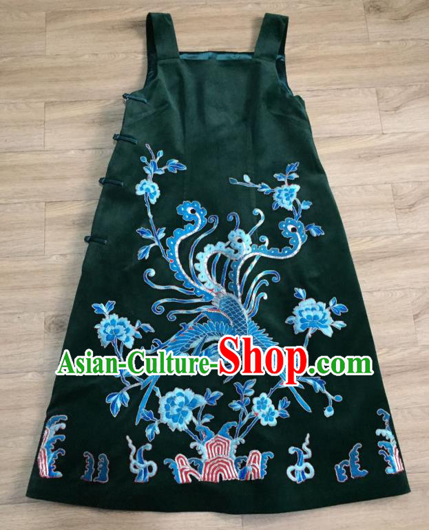China Embroidered Phoenix Deep Green Silk Qipao Dress Women National Clothing Tang Suit Vest Suspenders Cheongsam