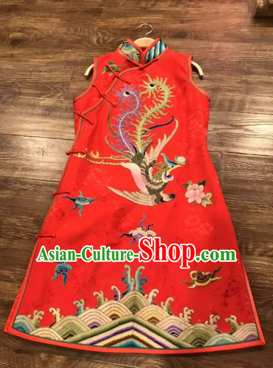 China Embroidered Phoenix Red Silk Qipao Dress Costume Tang Suit Sleeveless Cheongsam Women National Clothing