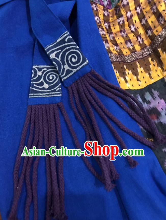 China Embroidered Blue Flax Qipao Costume Tang Suit Sleeveless Dress Yunnan Women Clothing