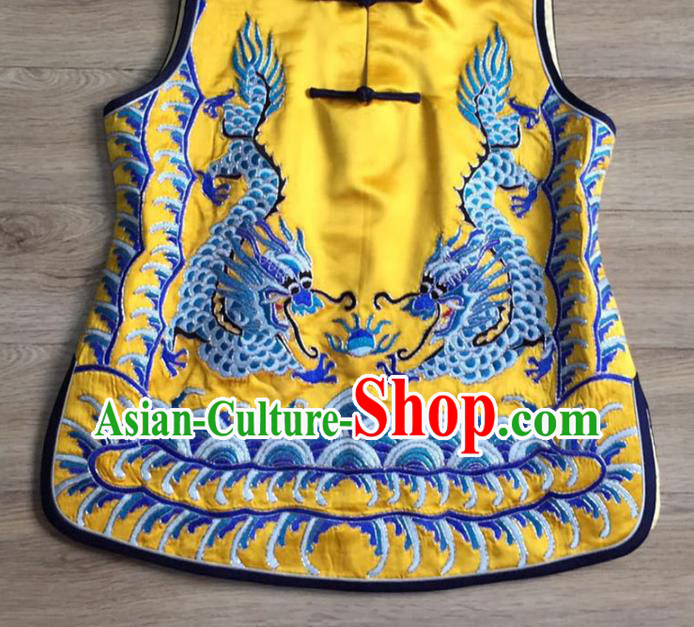 China Women Yellow Silk Waistcoat Costumes National Clothing Embroidery Dragon Vest