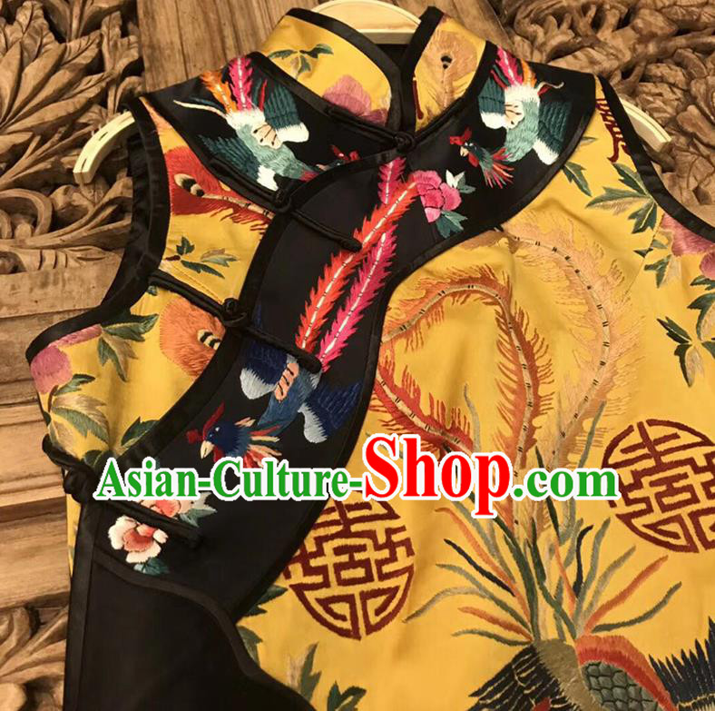 China Tang Suit Classical Phoenix Pattern Cheongsam Yellow Silk Qipao Dress Costume Women Clothing