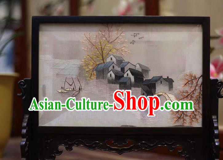 China Wood Carving Screen Embroidered Table Screen Hand Suzhou Embroidery Craft Traditional Desk Screen