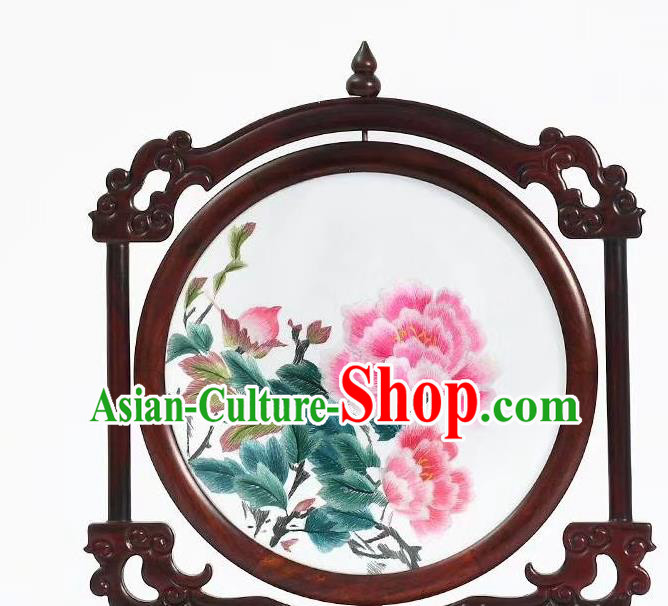 China Suzhou Rosewood Artware Embroidery Peony Table Decoration Handmade Embroidered Painting Desk Screen Craft