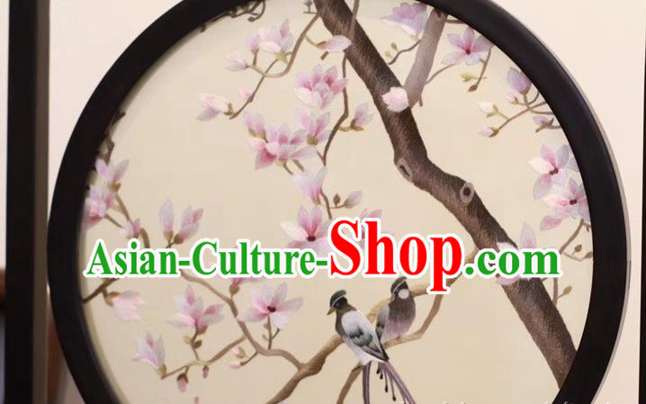China Embroidery Craft Handmade Table Ornament Suzhou Embroidered Mangnolia Rosewood Desk Screen