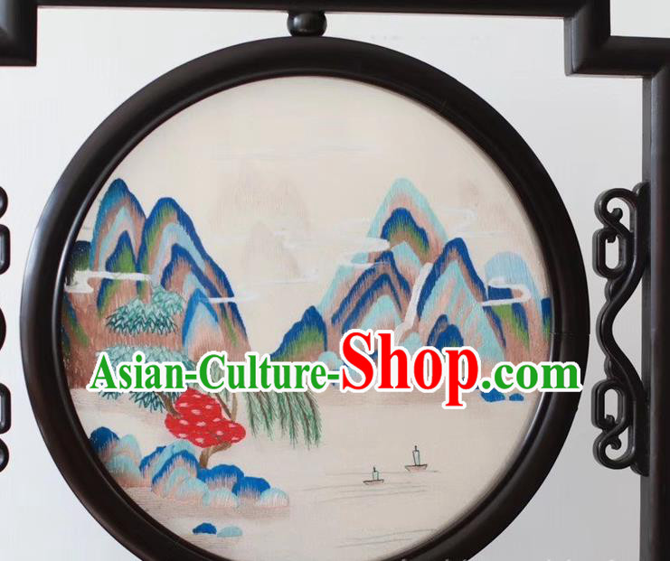 China Traditional Landscape Painting Desk Screen Embroidery Ornaments Craft Handmade Suzhou Embroidered Byobu Screen