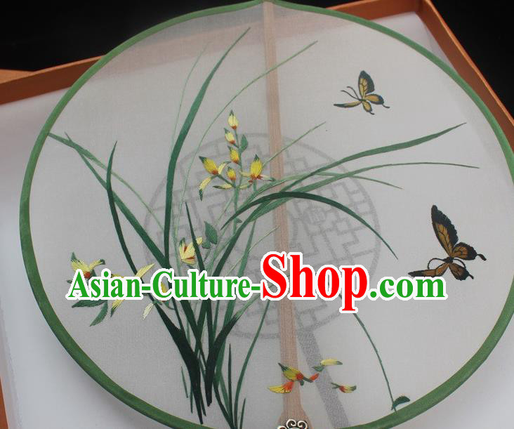 China Handmade Embroidery Orchids Double Side Silk Fan Princess Fan Traditional Embroidered Palace Fan
