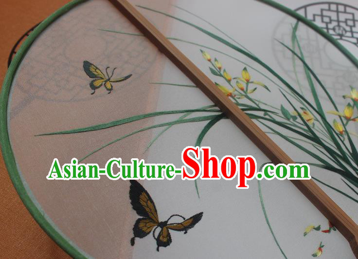 China Handmade Embroidery Orchids Double Side Silk Fan Princess Fan Traditional Embroidered Palace Fan