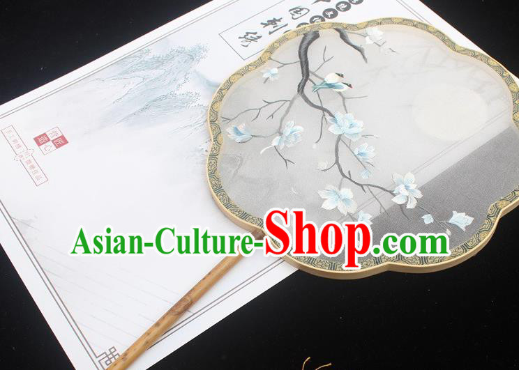 China Traditional Classical Dance Embroidery Silk Fan Handmade Palace Fan Embroidered Mangnolia Fan