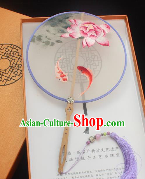 China Classical Double Side Embroidered Fan Handmade Embroidery Lotus Carps Pattern Palace Fan Traditional Silk Fan