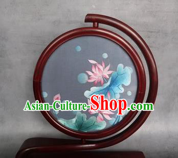 Traditional China Embroidered Lotus Painting Desk Screen Handmade Rosewood Carving Table Decoration
