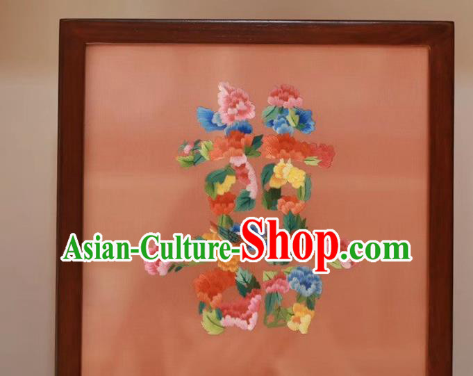 Traditional China Wedding Craft Handmade Rosewood Table Decoration Embroidery Peony Desk Screen