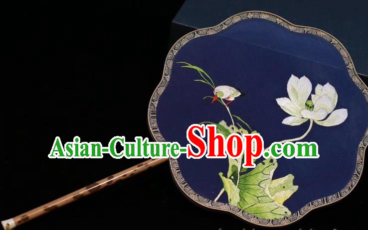Navy Silk Fan China Traditional Handmade Embroidered Palace Fan Classical Dance Embroidery Lotus Fan