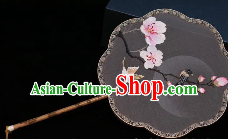 China Traditional Handmade Embroidered Palace Fan Grey Silk Fan Classical Dance Embroidery Peach Blossom Fan