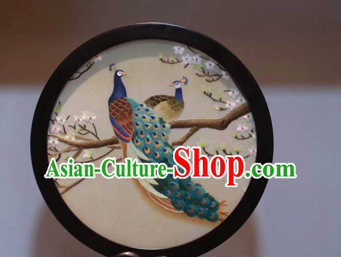 China Handmade Double Side Embroidery Peacock Desk Screen Traditional Craft Rosewood Carving Table Decoration