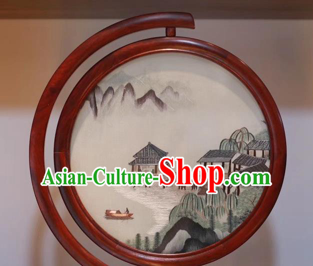 Traditional China Handmade Embroidery Rosewood Craft Table Decoration Embroidered Waterside Pavilion Painting Desk Screen