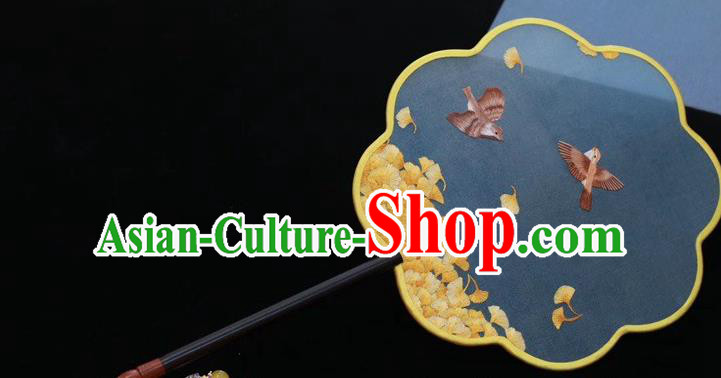 China Embroidery Ginkgo Birds Fan Handmade Classical Dance Silk Fan Traditional Embroidered Palace Fan