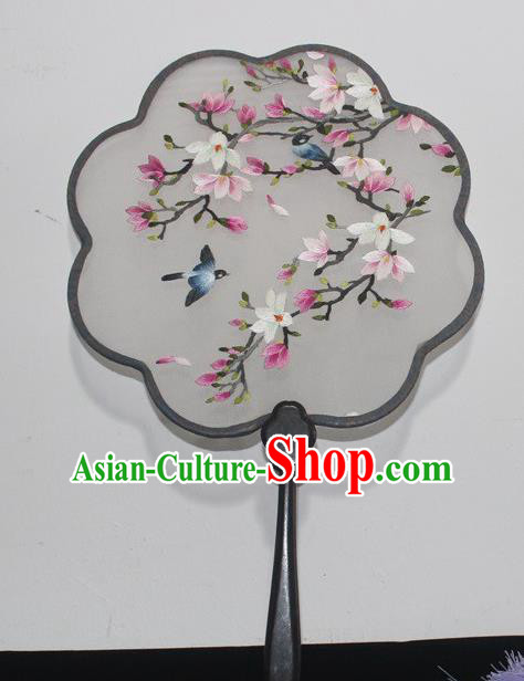 Handmade Embroidery Flowers Bird Dance Fan China Rosewood Embroidered Palace Fan Traditional Double Side Silk Fan