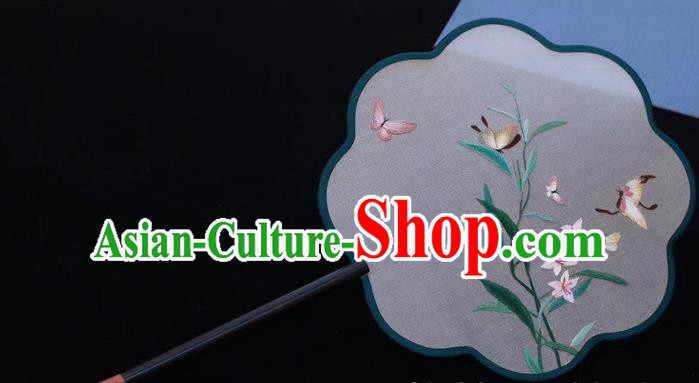 China Traditional Embroidered Palace Fan Handmade Classical Dance Silk Fan Embroidery Butterfly Orchid Fan