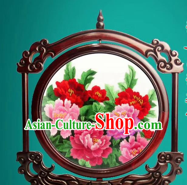 China Embroidered Peony Desk Screen Traditional Handmade Rosewood Decoration Double Side Suzhou Embroidery Craft