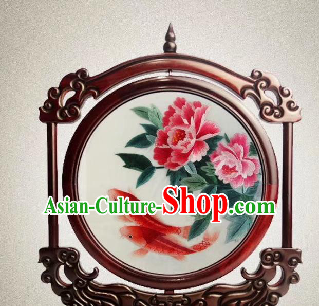 Traditional Embroidered Red Carps Peony Painting Desk Screen Handmade Rosewood Decoration China Double Side Suzhou Embroidery Craft