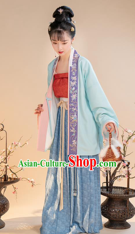 China Ancient Song Dynasty Nobility Female Hanfu Clothing Embroidered Blue Blouse Top and Skirt for Women